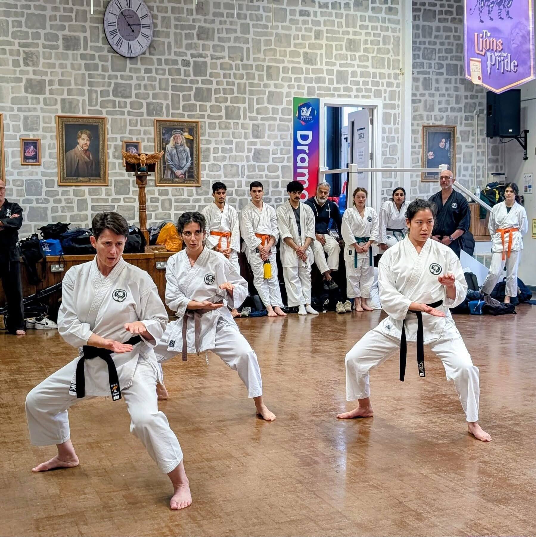 Three students performing kata