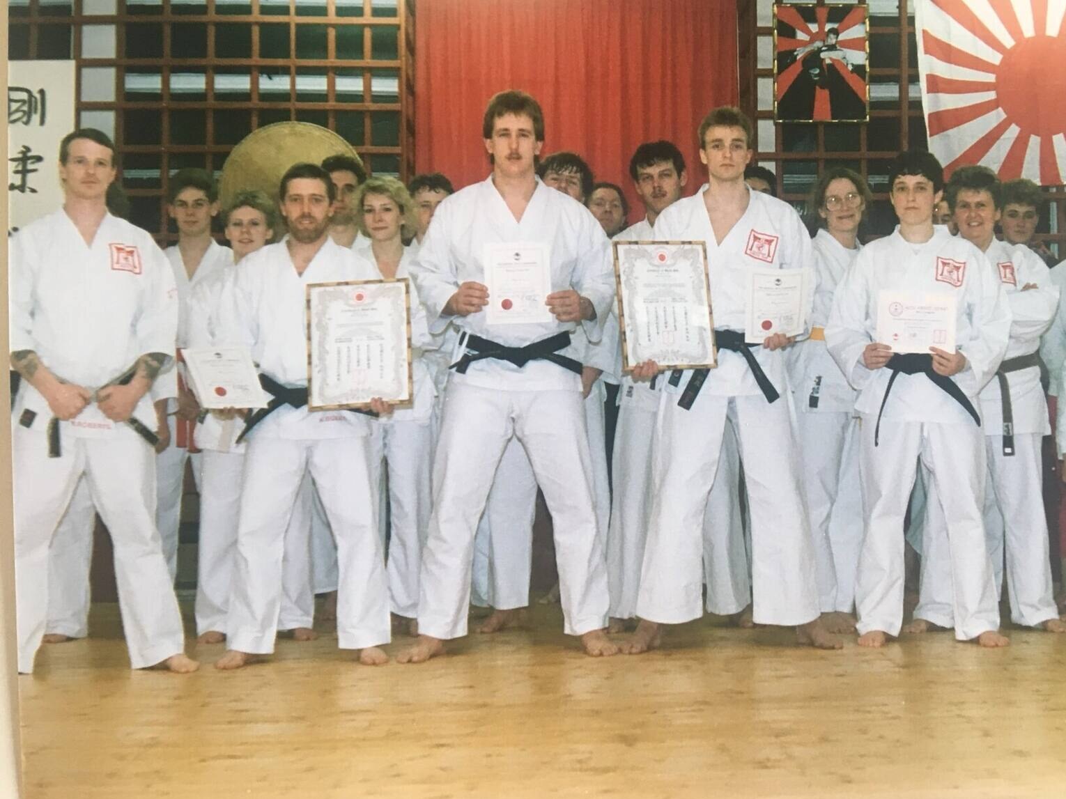 Grading line-up at the Shinto Karate School, early 1980s