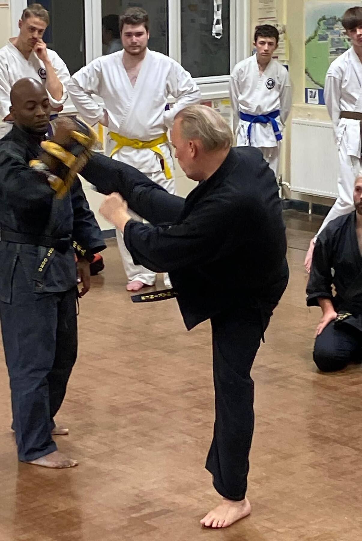 Sensei front kick on pads